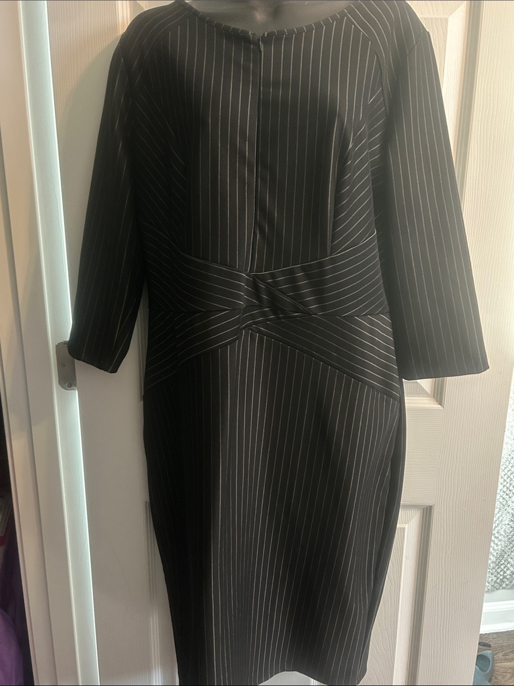 Black Pinstripe Midi Sheath Dress with Waist Detail